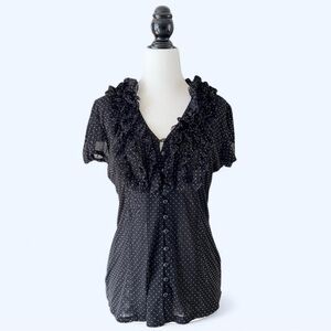 Vintage INC Womens Black Polka Dot Ruffled Collar Twee Cute Top Large